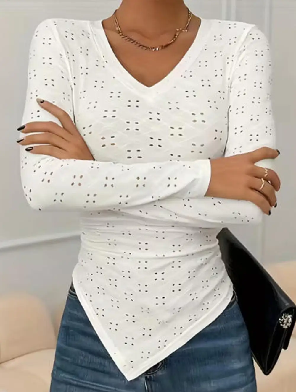 V Neck Eyelet Detail Blouse
