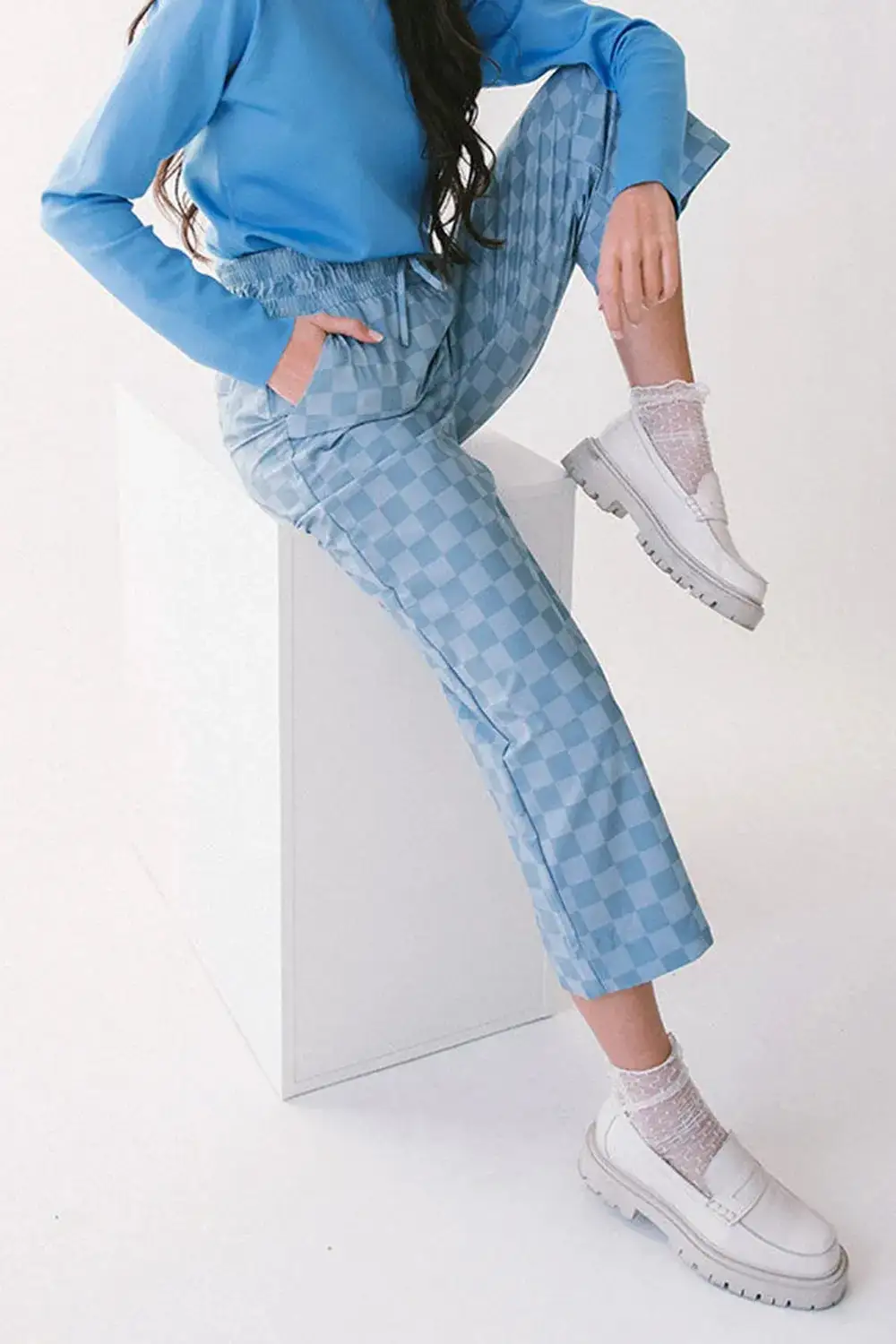 Checkered Elastic High Waist Loose Pants