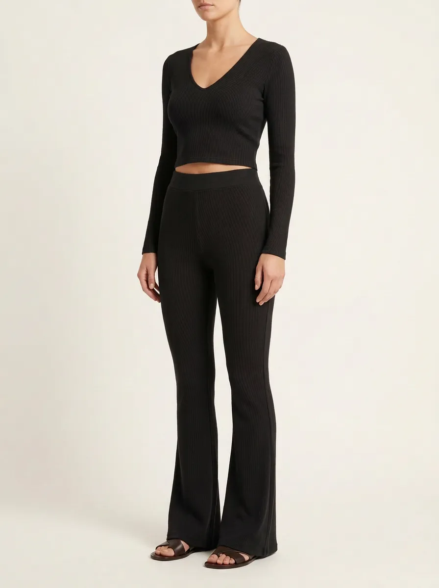 Women's Ribbed V-Neck Crop Top and High-Rise Flare Pant Set