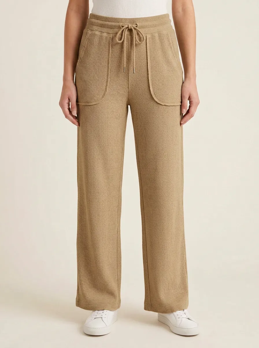 Women's Casual Lounge Waffle Knit Drawstring Wide Leg Pants