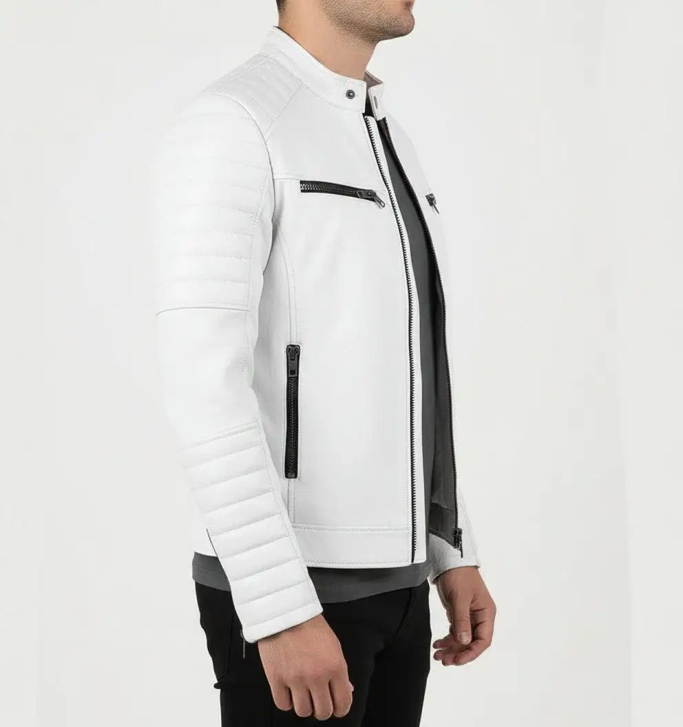 Refined Leather Biker Motorcycle Stand Collar Jacket
