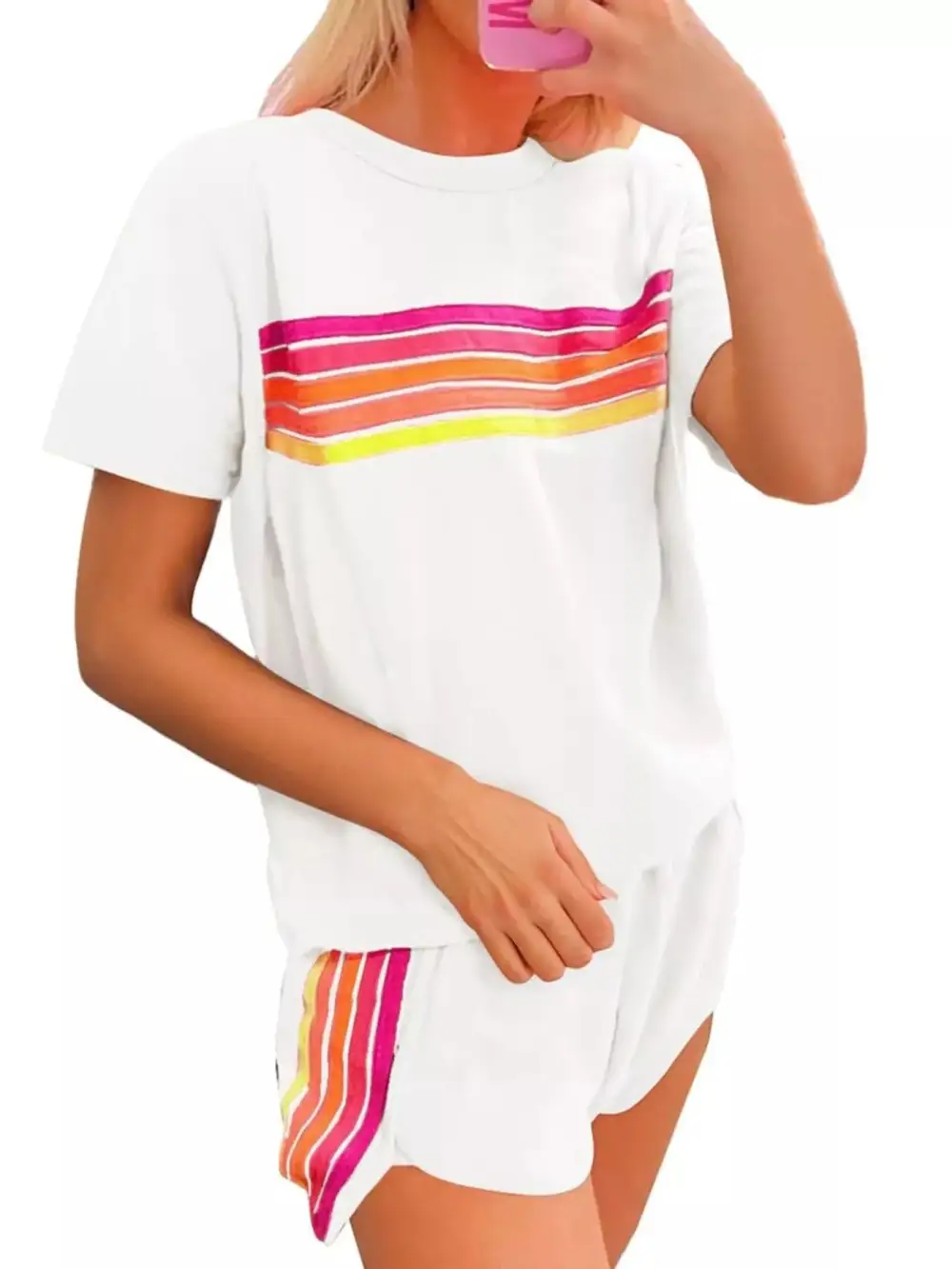 Rainbow Striped Round Neck Top and Shorts Set