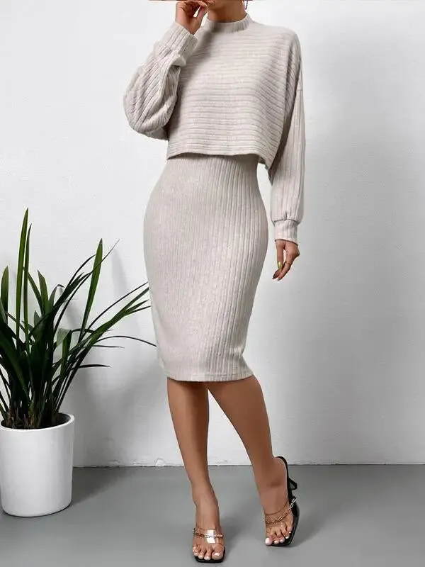 Fashion Pit Strip Long Sleeve Top Slip Skirt Suit