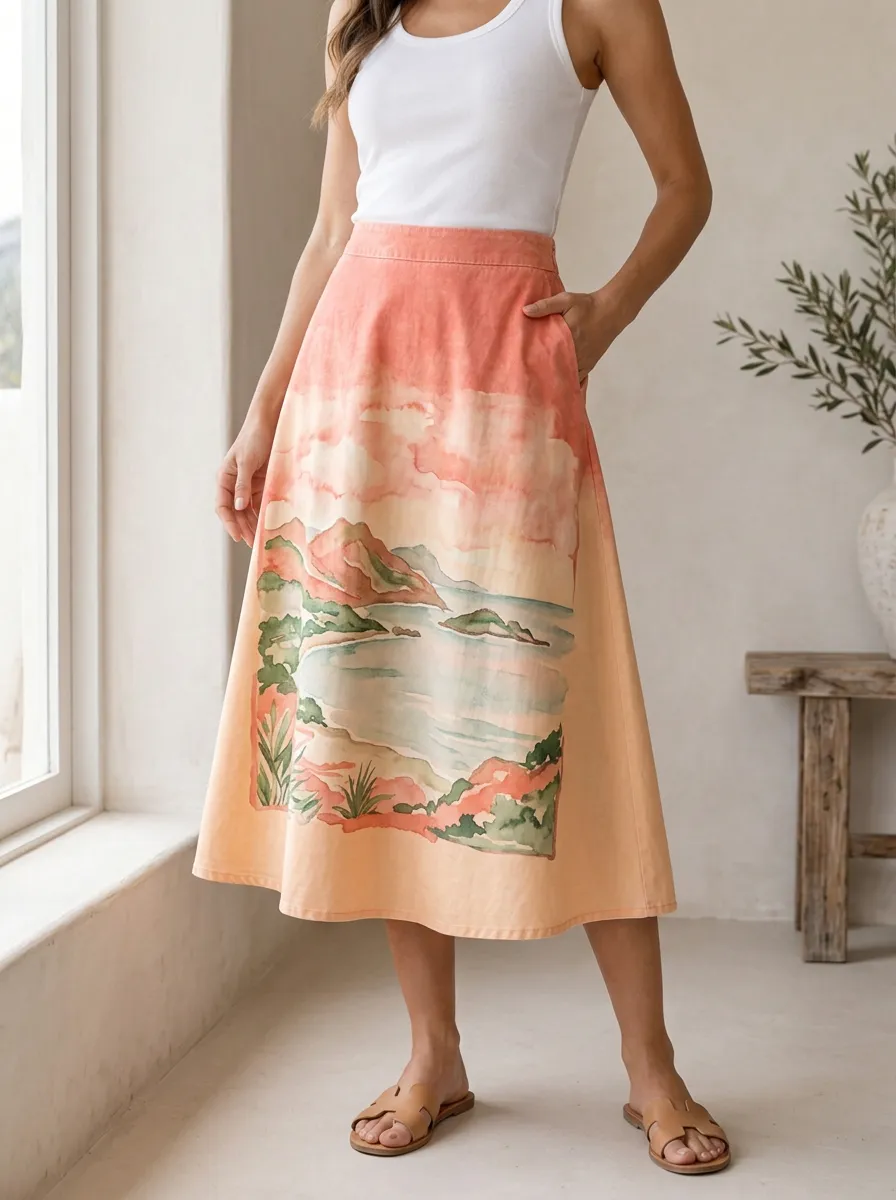 Women's Peach Landscape Print A-Line Midi Skirt