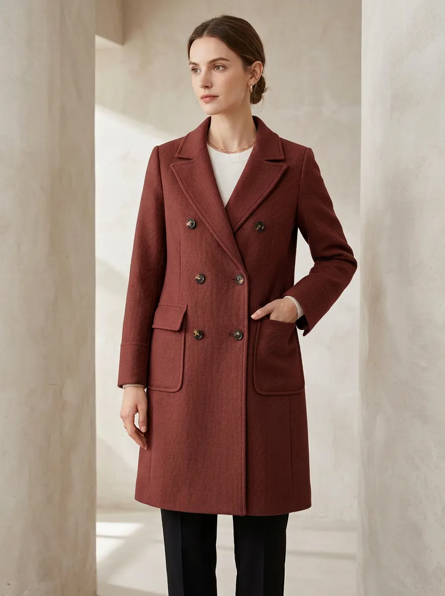Women's Classic Camel Herringbone Double-Breasted Wool Coat