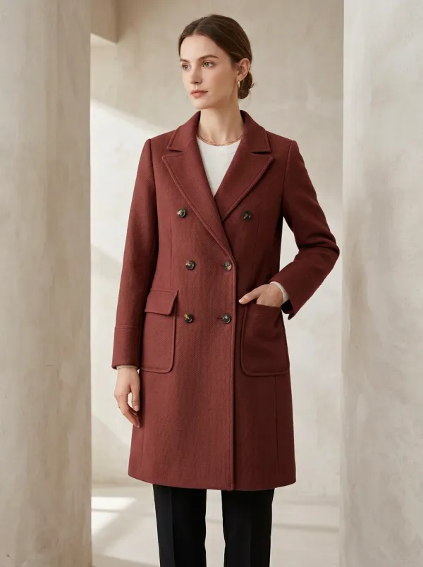 Women's Classic Camel Herringbone Double-Breasted Wool Coat