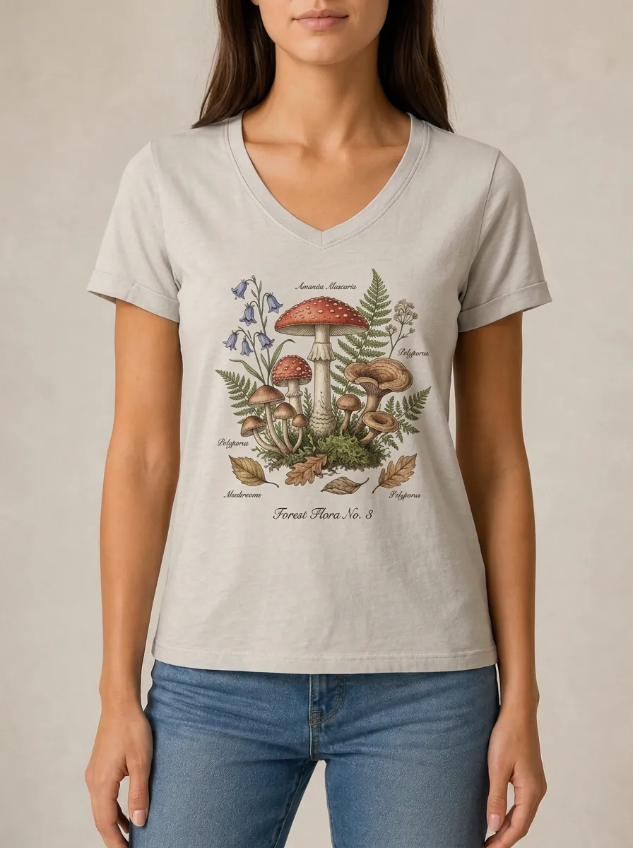 Women's Mushroom Botanical Forest Flora Printed V-neck T-shirt