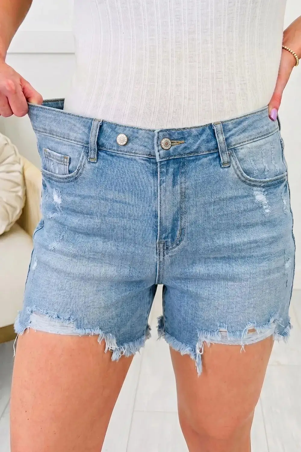 Raw-Hem Distressed Cotton Denim Shorts