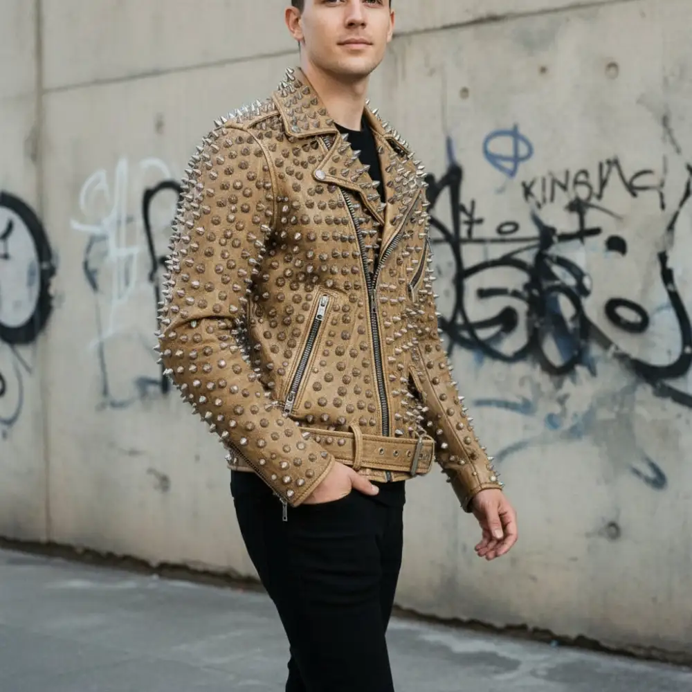 Cowhide Biker Studded Belted Jacket