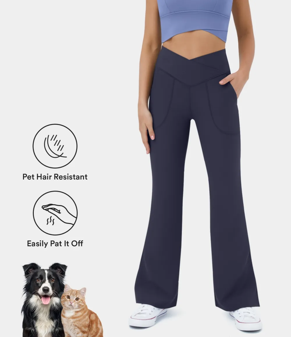 Patitoff Flow Pet Hair Resistant Crossover Pocket Split Hem Yoga Flare Leggings-Smile