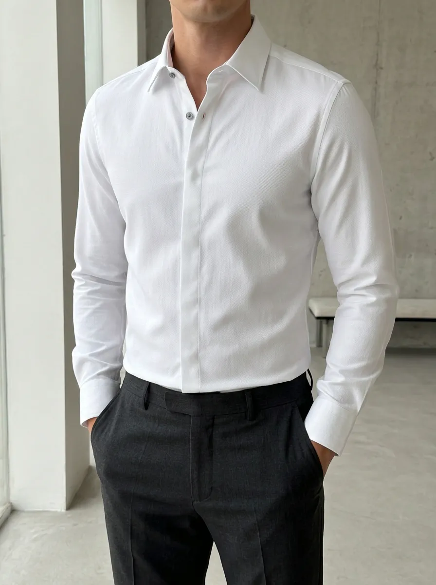Men's Business Casual White Slim Fit Long Sleeve Shirt