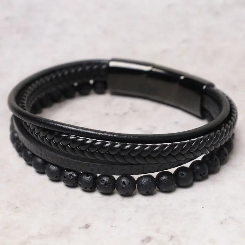 Natural Lava Rock Onyx Bead Leather Bracelet