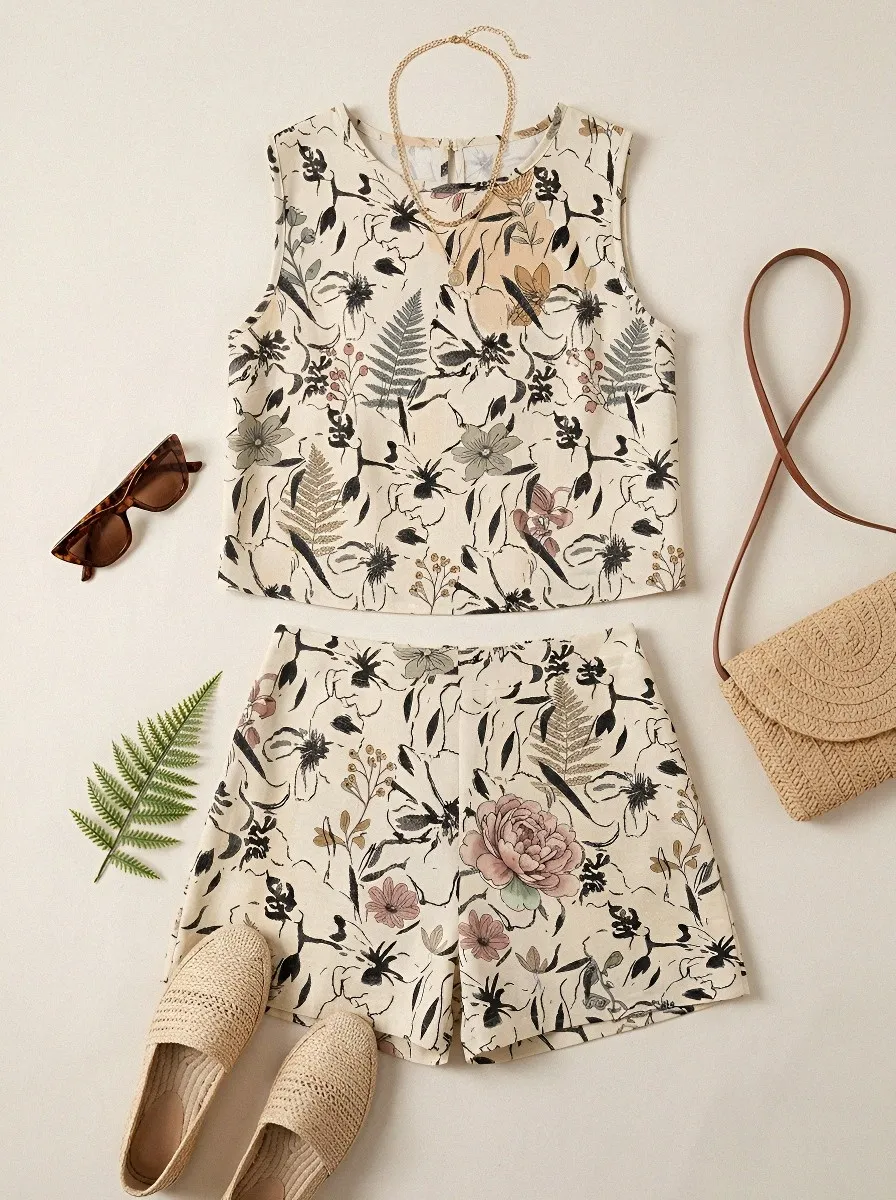 Women's Botanical Floral Fern Printed Sleeveless Short Set