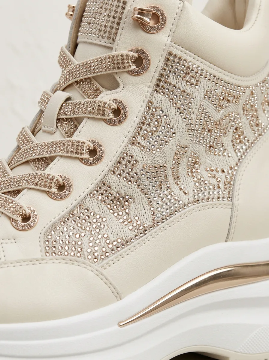 Lace-Detail Lace-Up High-Top Leopard-Pattern Women's Rhinestone Platform Shoes