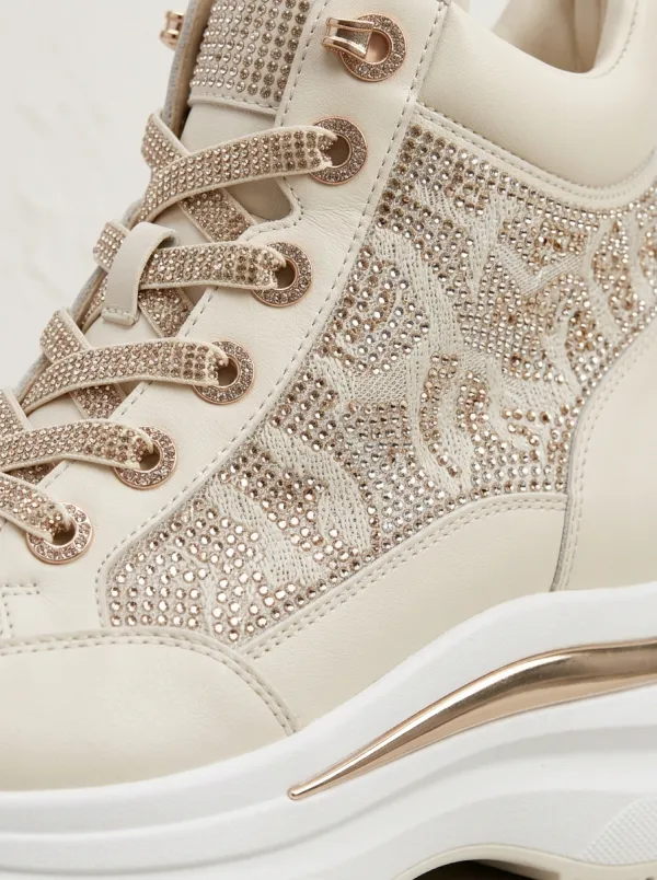 Lace-Detail Lace-Up High-Top Leopard-Pattern Women's Rhinestone Platform Shoes