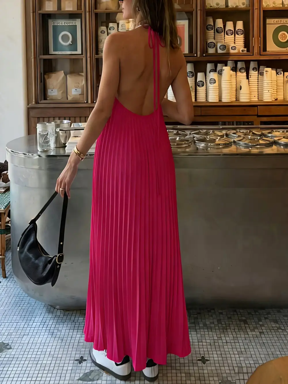 Casual Halter Neck Pleated Maxi Dress