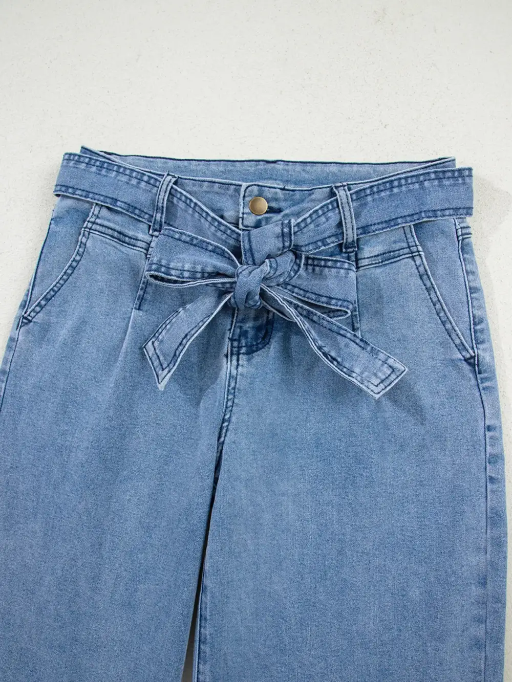 High Waisted Wide Leg Belted Denim Jeans