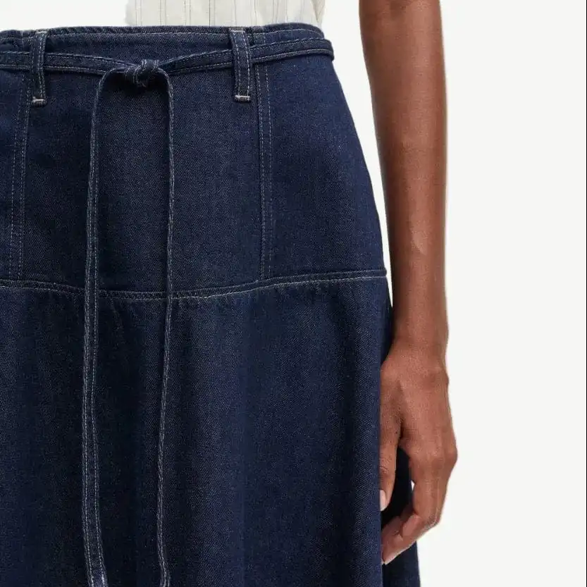Belted Denim A-Line Midi Skirt