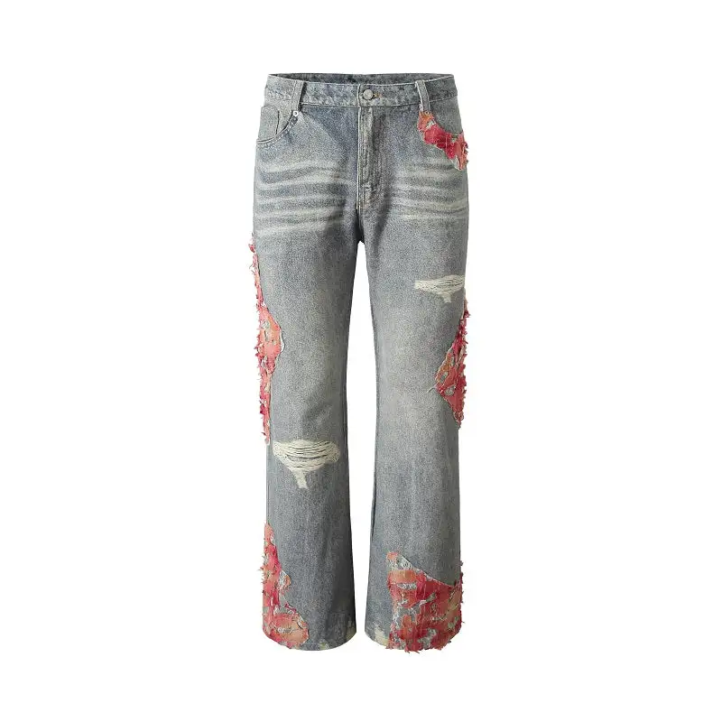 Lace-Embroidered Wide-Leg Jeans