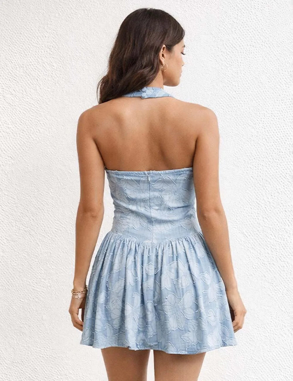 Boho Jacquard Halter V Neck Sleeveless Mini Dress