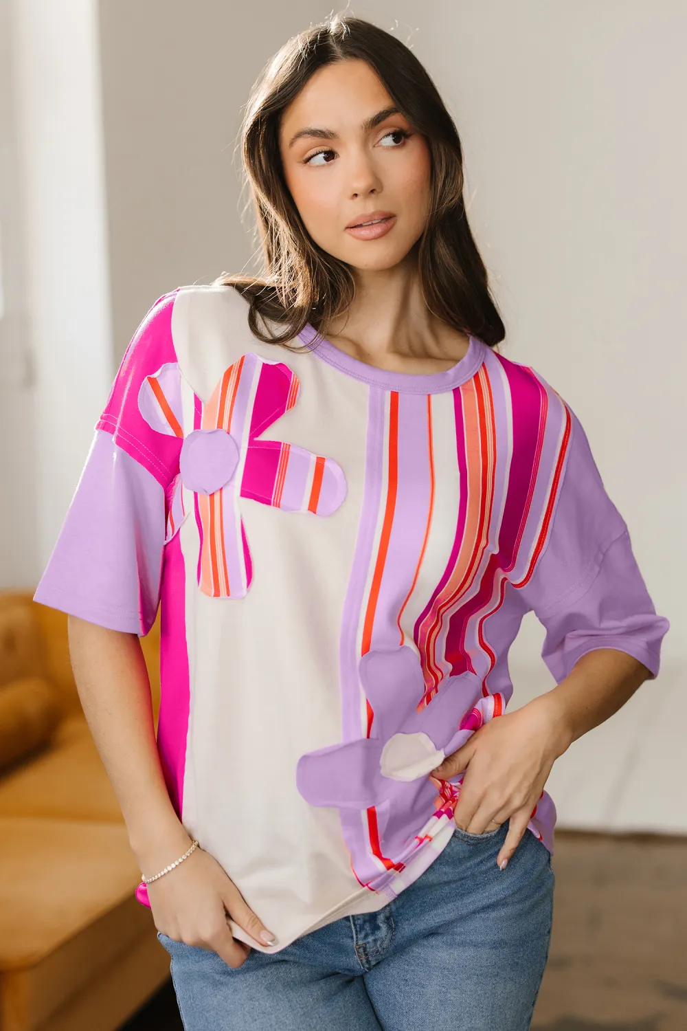 Pink Striped Block Flower Patched Top