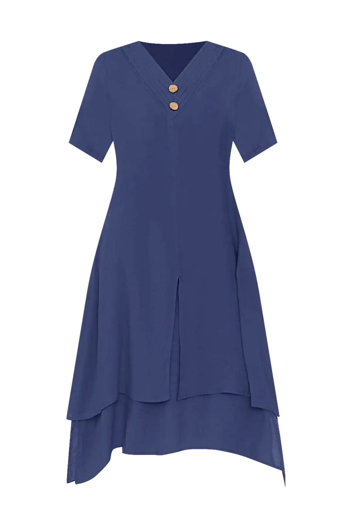 Cotton Pleated V-Neck Half-Sleeve A-Line Asymmetric-Hem Below-Knee Dress