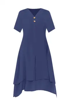 Cotton Pleated V-Neck Half-Sleeve A-Line Asymmetric-Hem Below-Knee Dress