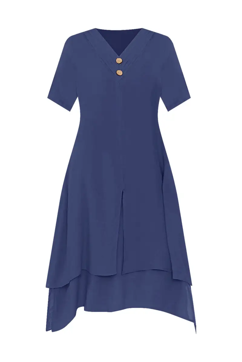 Cotton Pleated V-Neck Half-Sleeve A-Line Asymmetric-Hem Below-Knee Dress