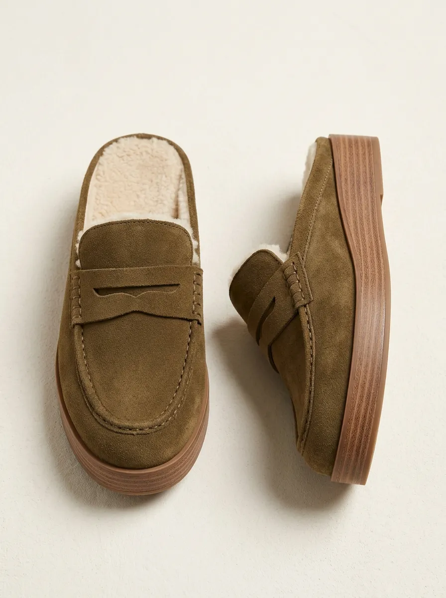 Women's Field Faux Fur Lined Platform Suede Wood Sole Loafers