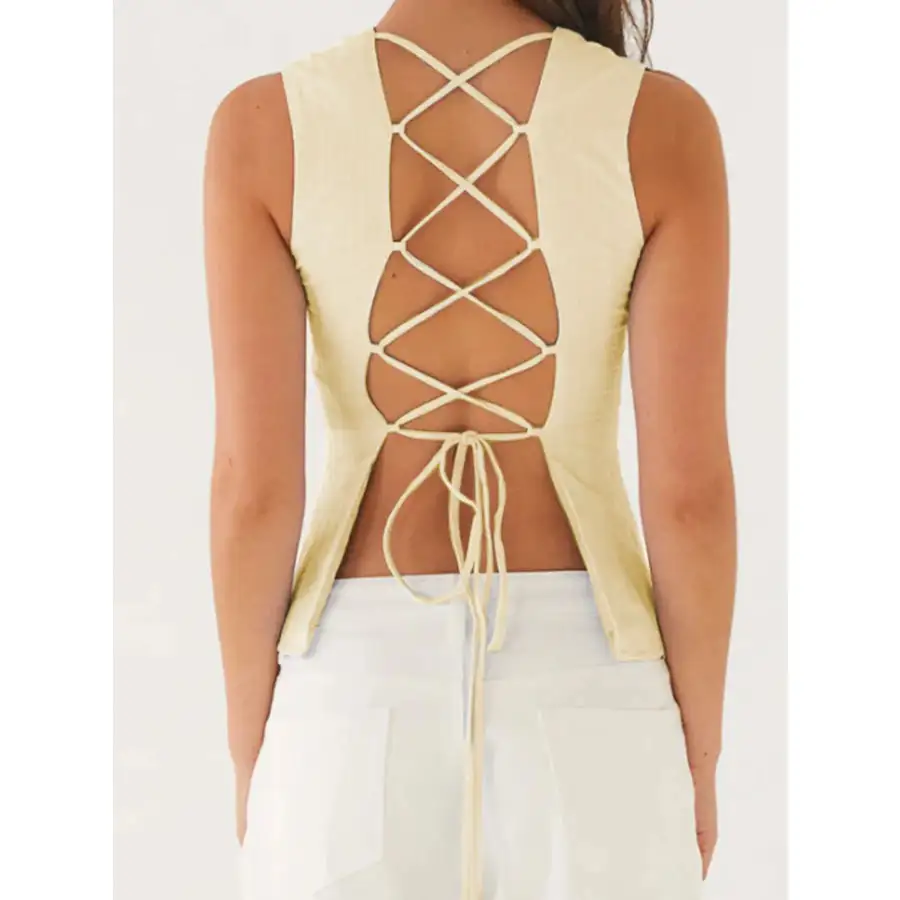 Back Lace Up Sleeveless Top With Cinched