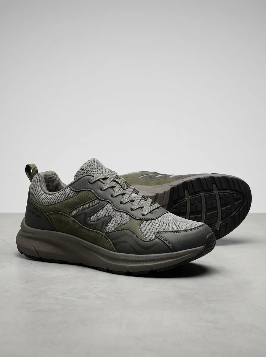 Outdoor-Inspired Suede-Panel Mesh-Panel Casual Sneakers
