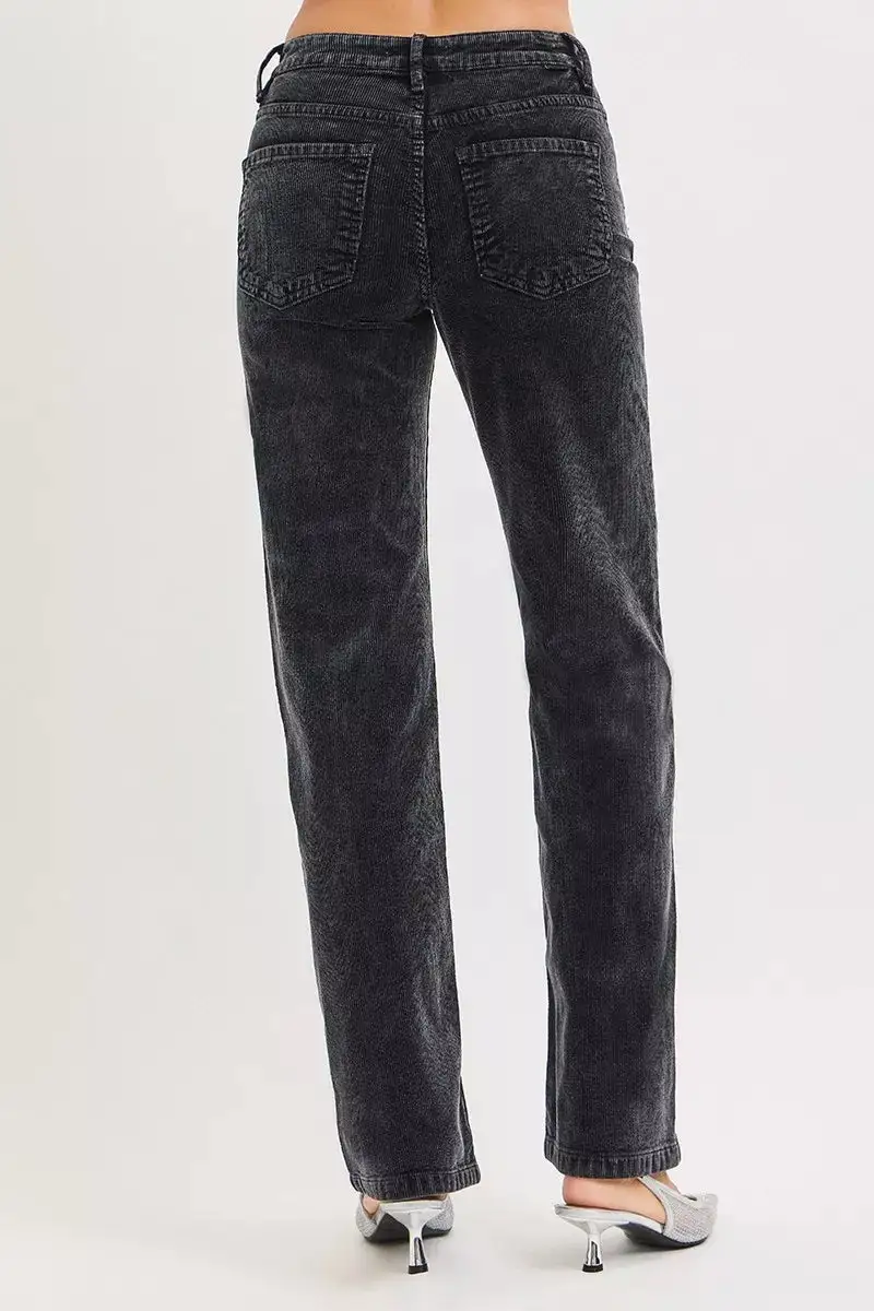 Straight Leg Mid Rise Corduroy Pocketed Pants