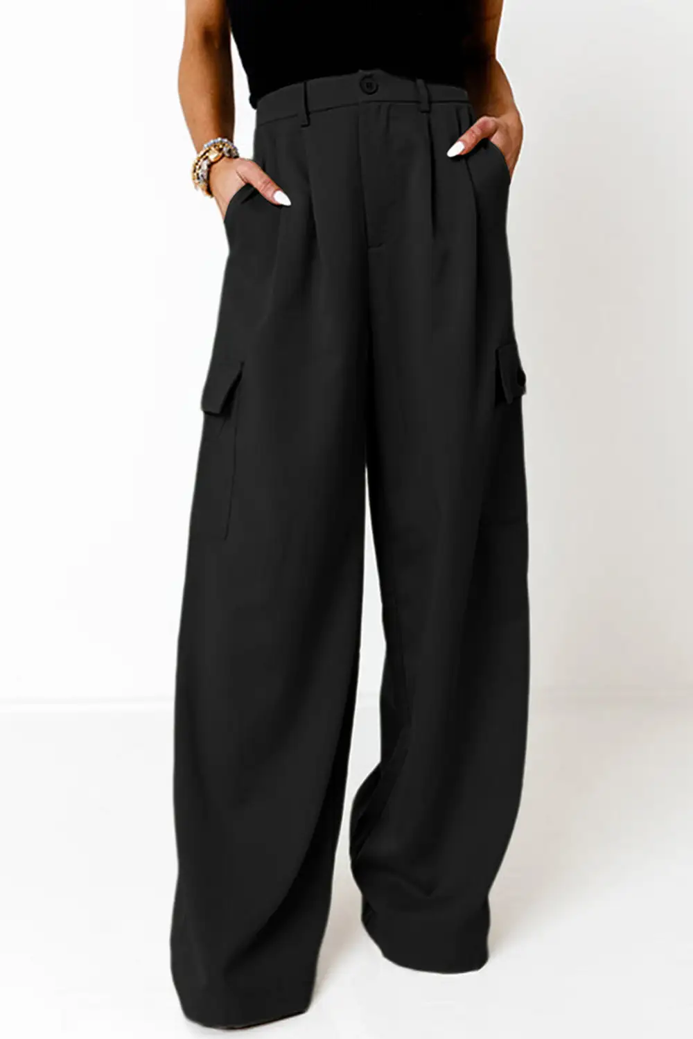 Ruched Wide Leg Pants With Pocket