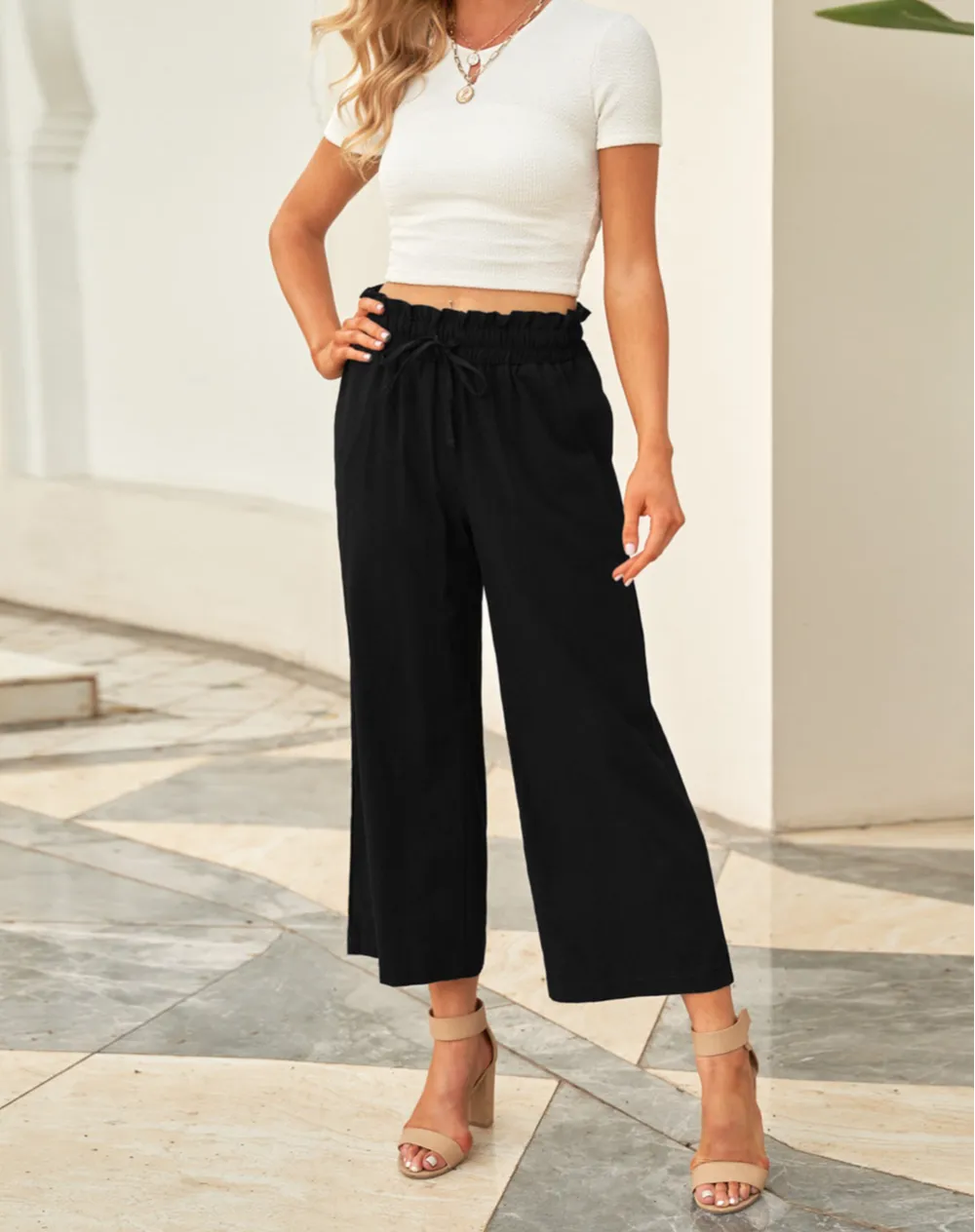 Drawstring Paperbag Waist Wide Leg Pants