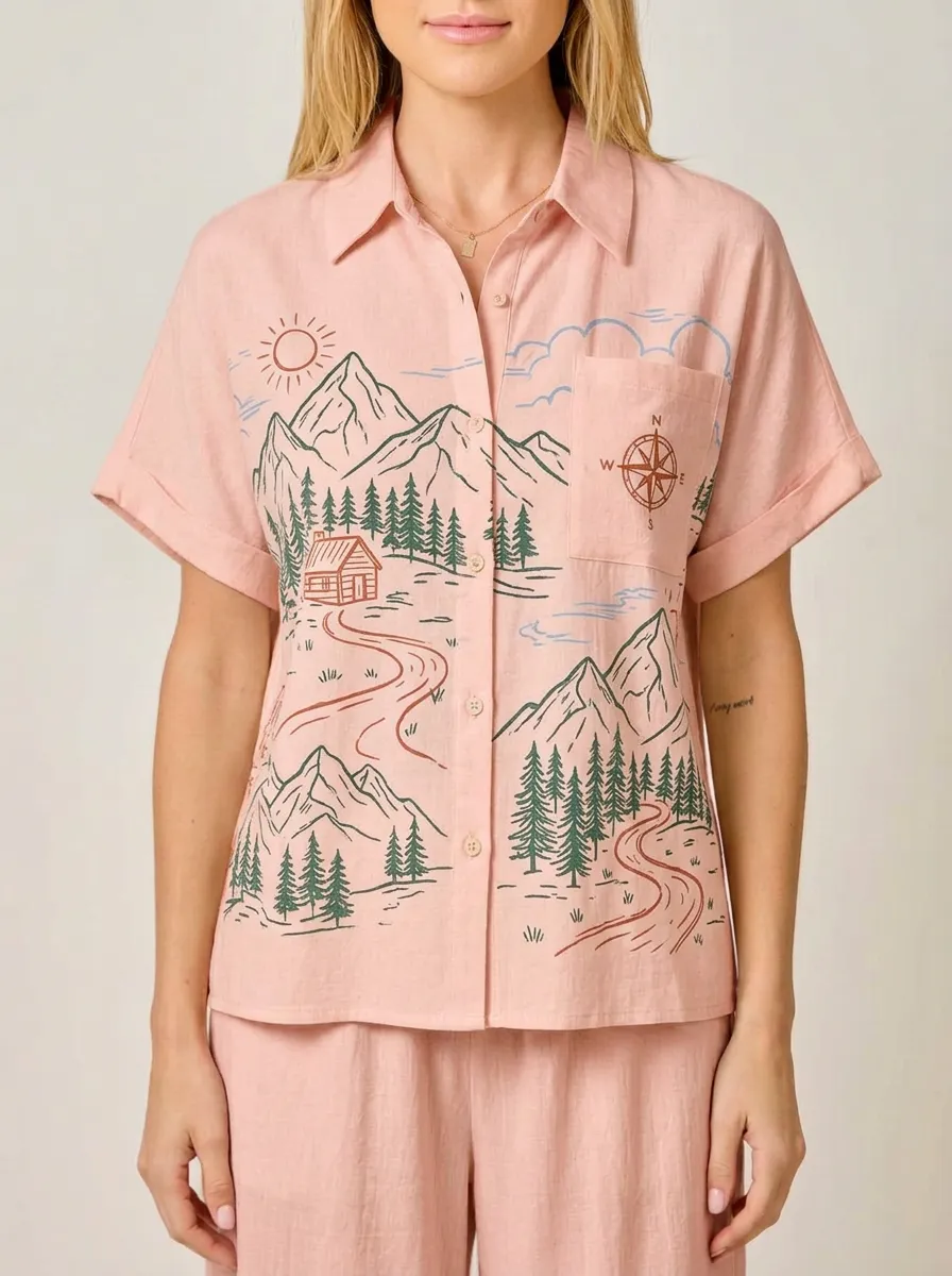 Women's Outdoor Nature Mountain Compass Graphic Button-up Shirt Tank Top