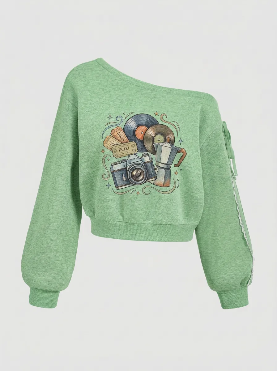 Women's Vintage Hobby Lover Camera Vinyl Coffee Printed Sweatshirt