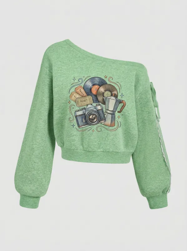 Women's Vintage Hobby Lover Camera Vinyl Coffee Printed Sweatshirt