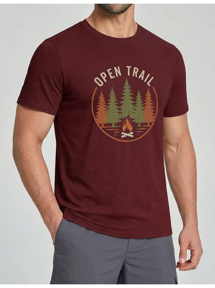 Men's Outdoor Camping Lover Open Trail Pine Forest Campfire Printed T-shirt