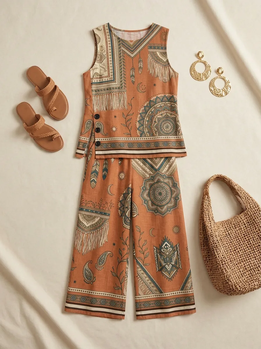 Women's Boho Mandala Feather Printed Sleeveless Set