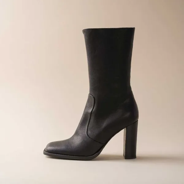 Faux-Leather Pull-On Square-Toe Chunky-Heel Mid-Calf Boots