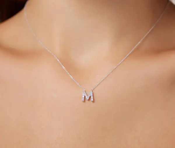 Dainty Diamond Initial Letter M Necklace