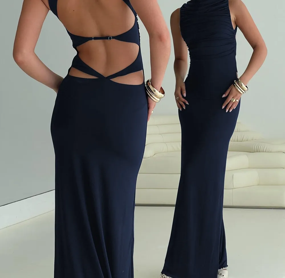 Navy Cut-Out Ruched Maxi Dress