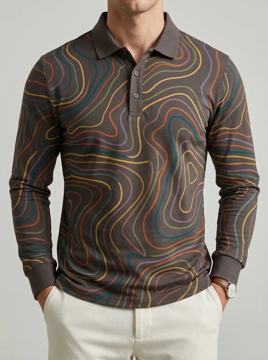 Men's Abstract Wavy Line Pattern Printed Long Sleeve Polo Shirt