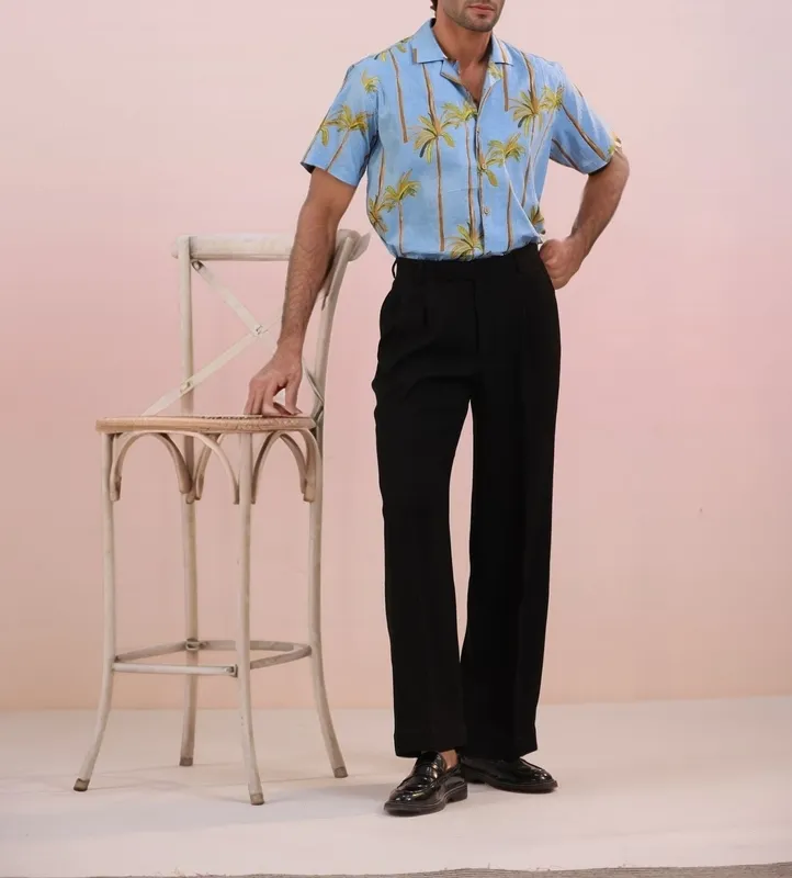 Blue Palm Mulmul Cotton Camp Collar Shirt