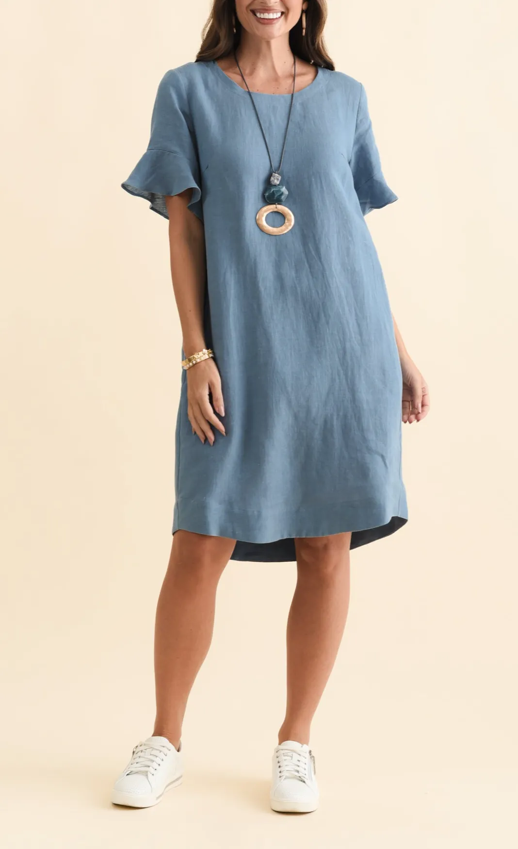 Pocket Above-Knee Linen Round-Neck Half-Sleeve A-Line Relaxed Dress