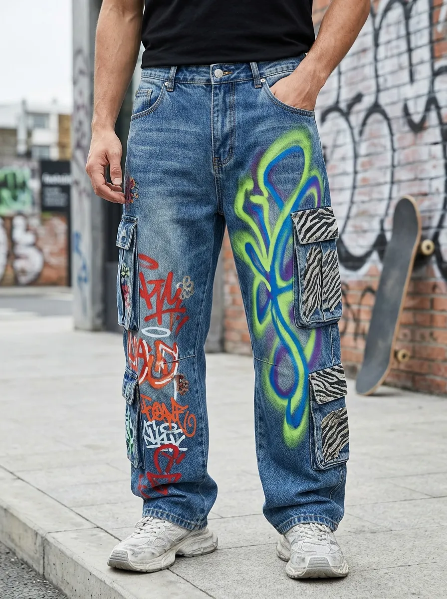 Men's Streetwear Graffiti Zebra Print Art Print Cargo Jeans
