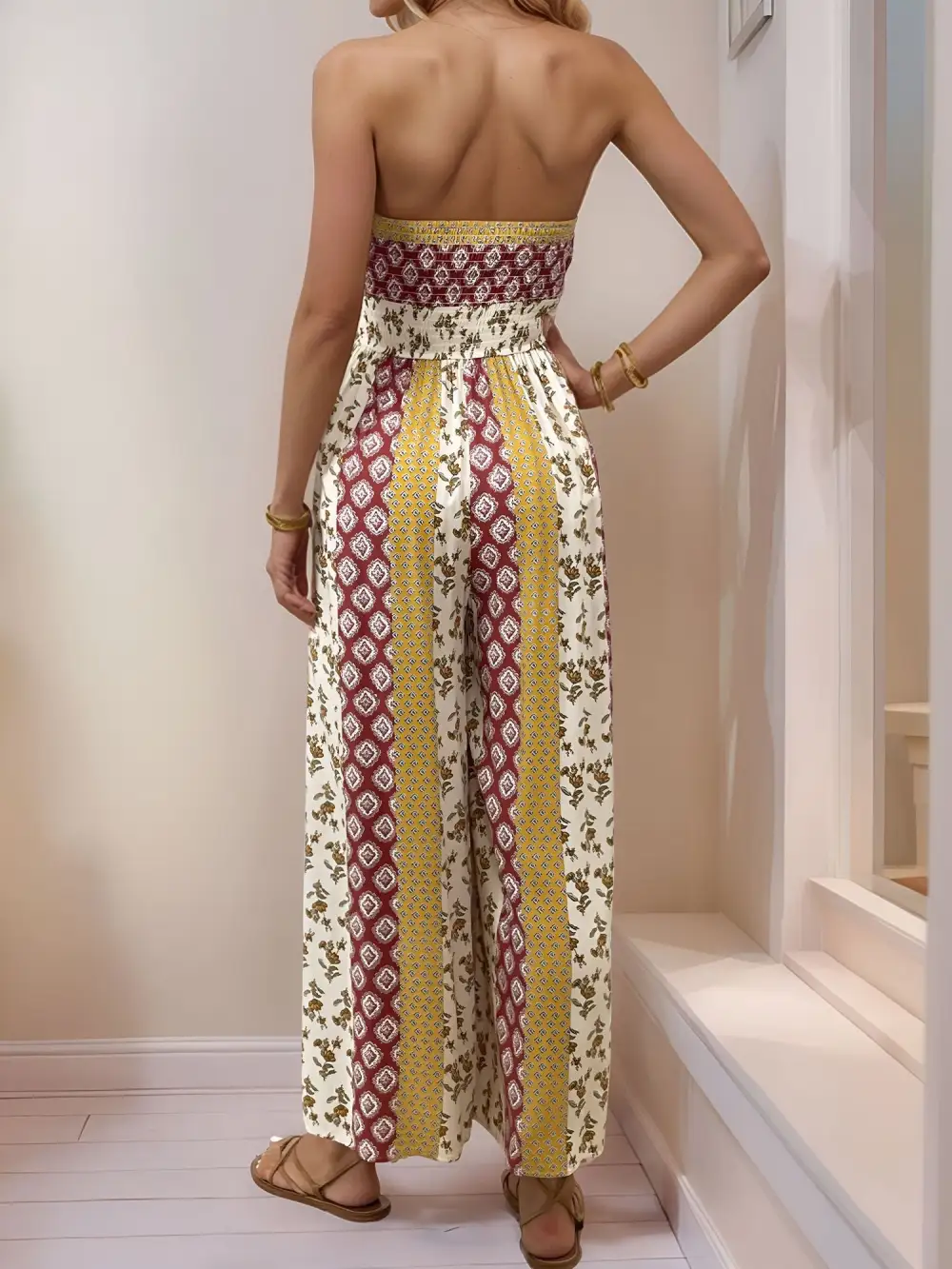Boho Floral Strapless Wide-Leg Jumpsuit