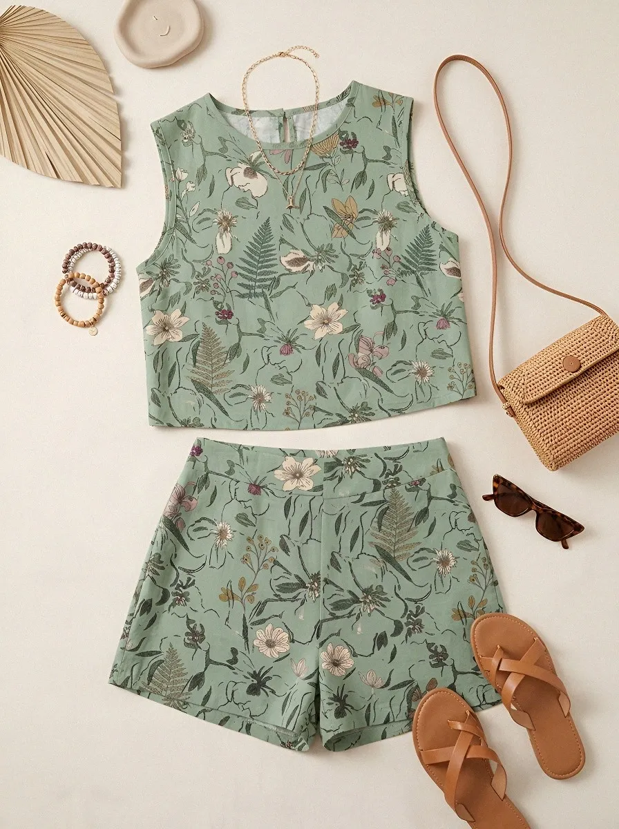 Women's Botanical Garden Floral Printed Sleeveless Shorts Set