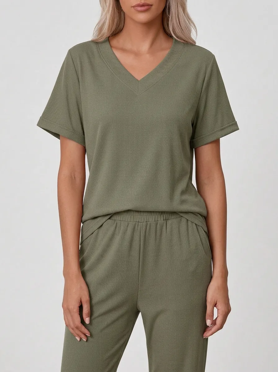 Short-Sleeve Ribbed Knit Women's V-Neck Shirt