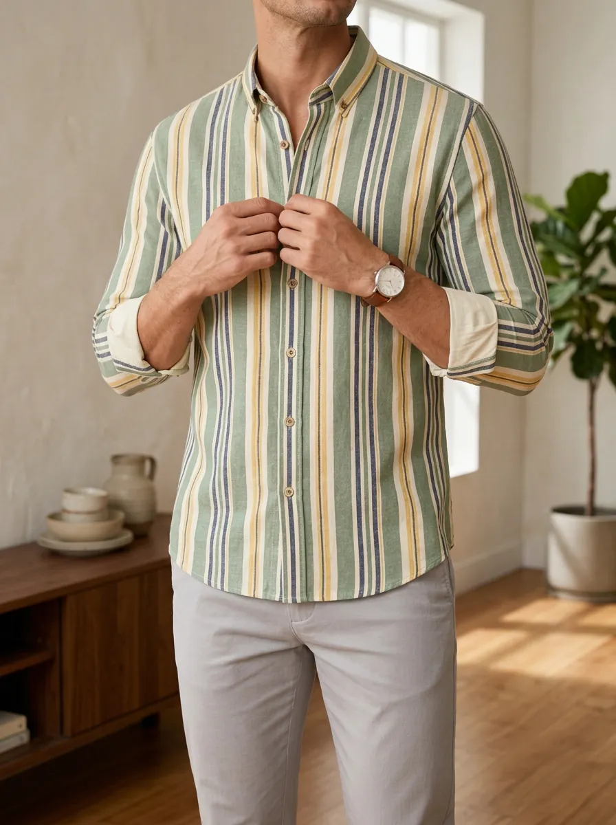 Men's Casual Style Green Yellow Striped Printed Slim Fit Shirt